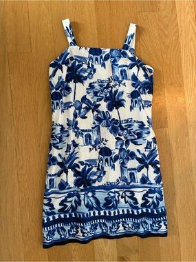 LOFT White Sundress with Blue Mediterranean Print